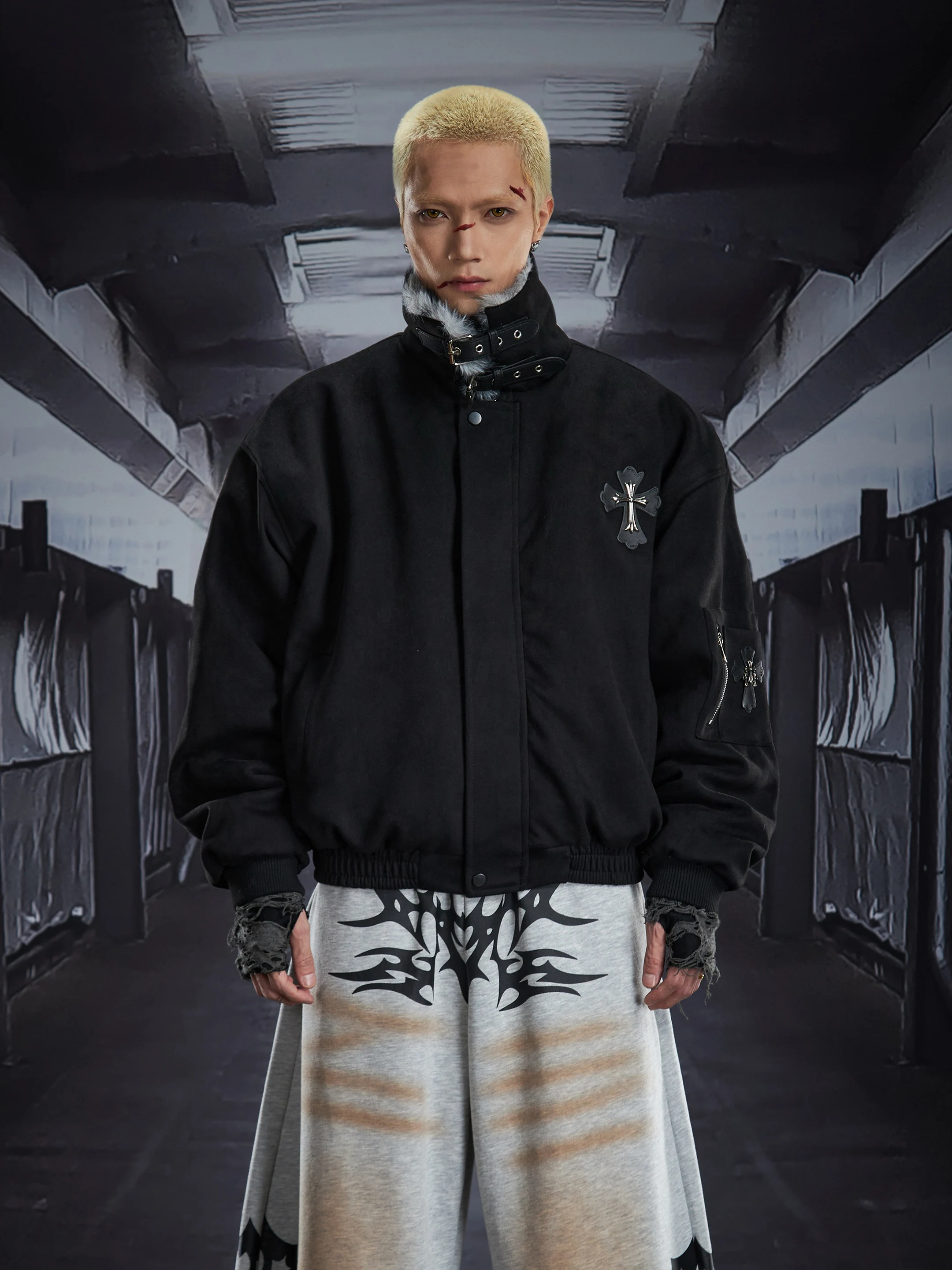 Dark Street Heavy Industry Short Stand Collar Lapel Belt Loose Thick Coat Jacket Cotton-Padded