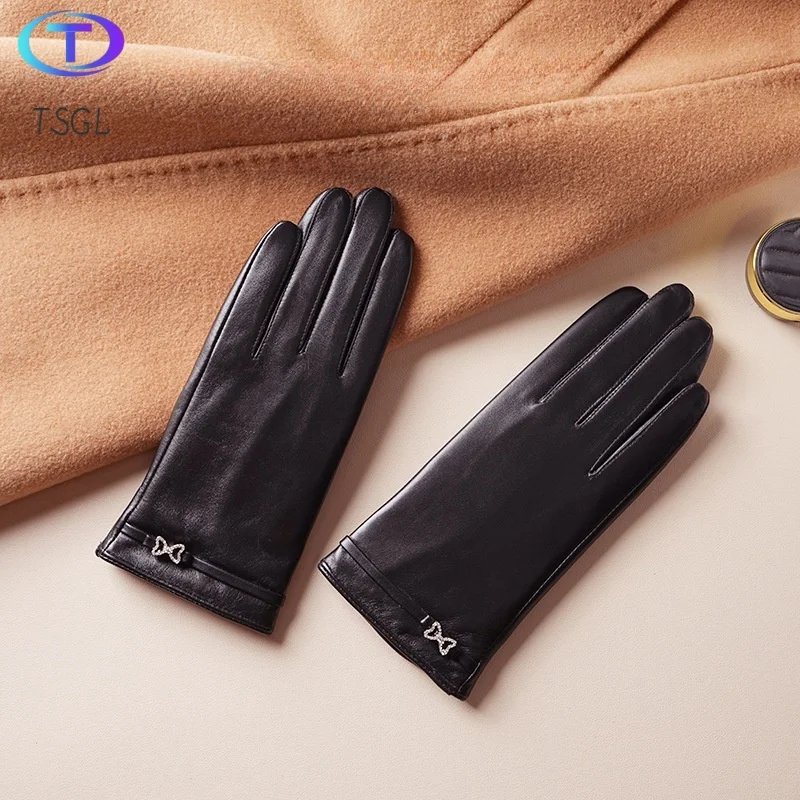 

Driving Female Black Gloves Sheepskin Leather Gloves for Women Bicycle accessories Leather Gloves Touch Screen 바이크 장갑 가죽