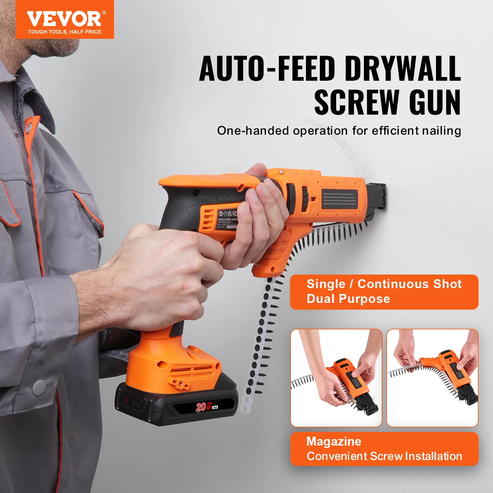 VEVOR Drywall Screw Gun Auto-Feed 20V Max Collated Drywall Screwgun 4200RPM Brushless Cordless Drywall Gun Kit w/2 Battery Packs