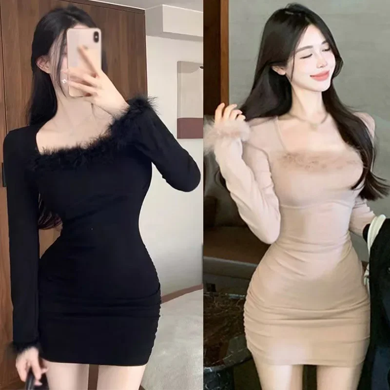 Women Dress Korean Version Solid Color Square Neck Fur Stitching Slim Fashion Sexy Long Sleeve Party Dress