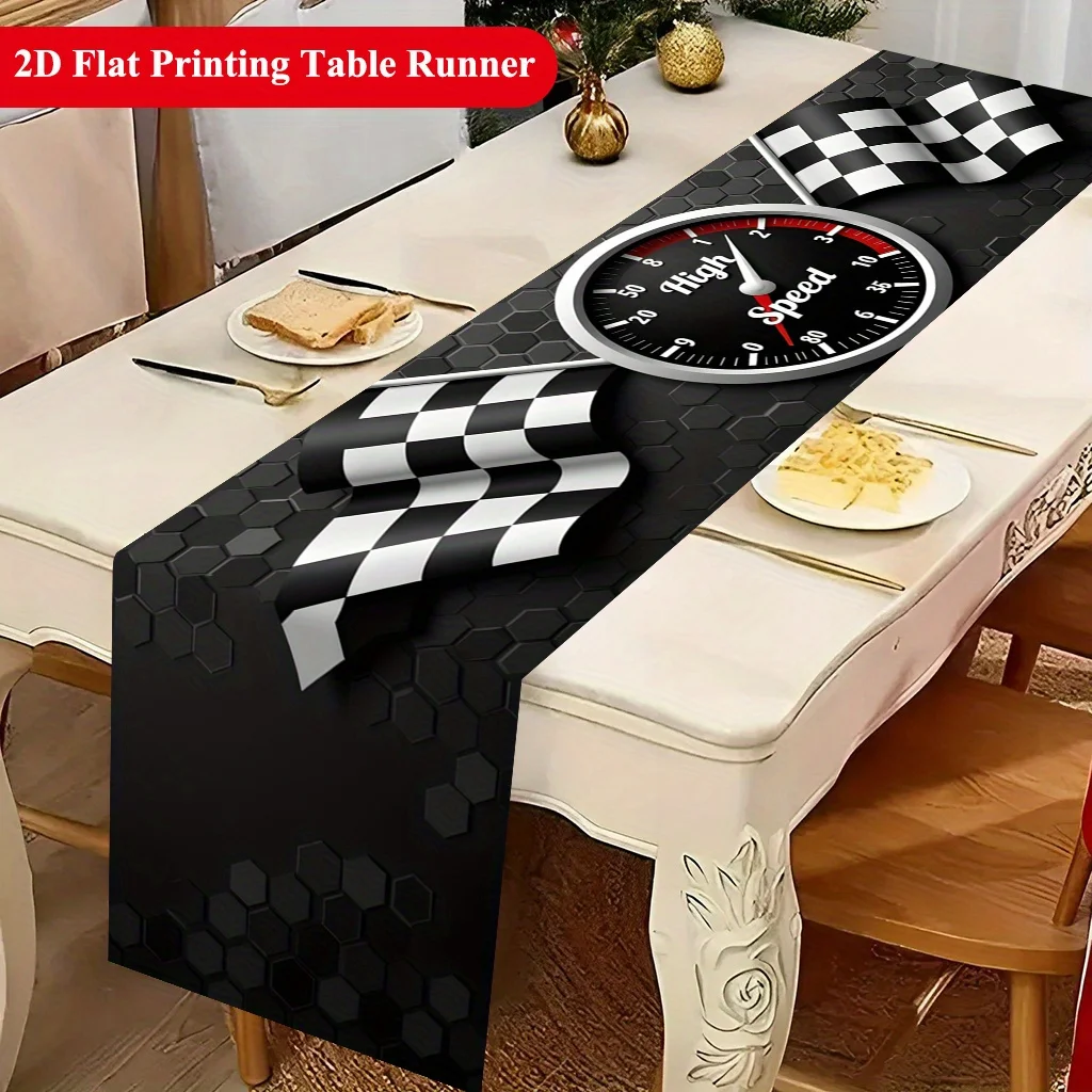 Speed Racing Black and White Checkered Flag Table Runner - Cool Race Car Track Motif Decoration for Holiday Dining Home Party