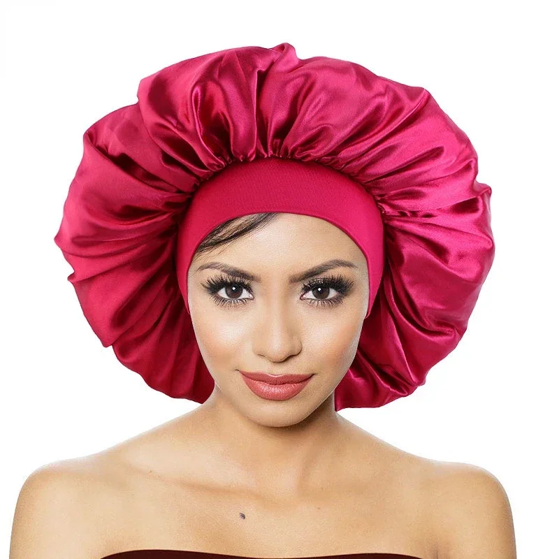 Extra Large Double Layer Satin Bonnet Women Solid Color Turban Silky Comfortable Night Sleep Cap Salon Lady Make Up Head Wear