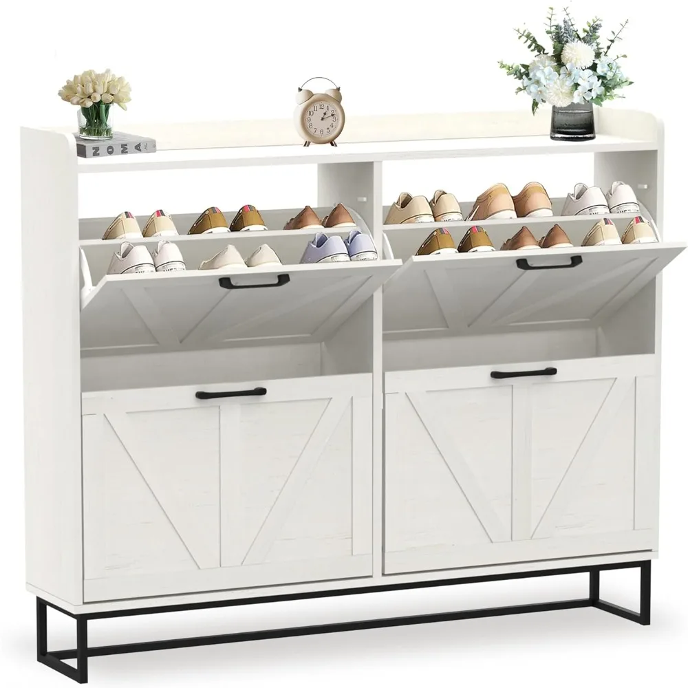 Freestanding White Shoe Storage Cabinet with 4 Drawers and Metal Legs for Entryway Organization