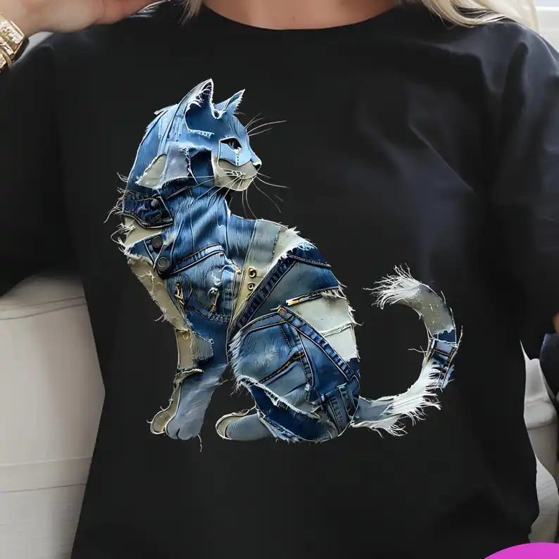 Retro Denim Patch Animal Cat Patchwork Style Cat Funny T-shirt, Vintage Animal Art, Denim Animal– Quirky Patchwork Style Shirt