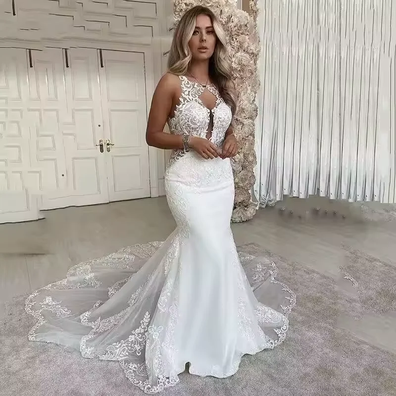 Customzied Graceful Bride Gown Scoop Neck Tulle Lace Appliques Wedding Mermaid Sleeveless Backless Bridal Dress Customized