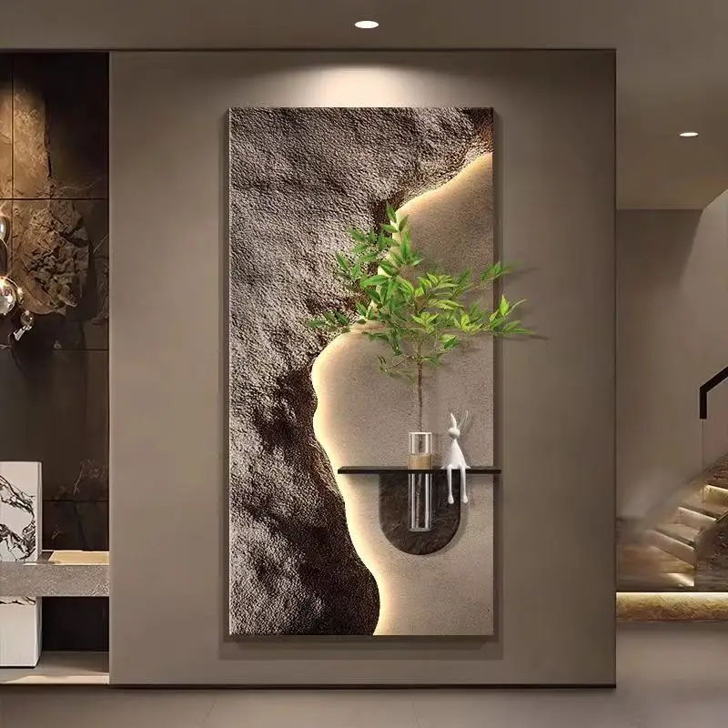 Light Iuxury High-end Entrance Decoration Painting Hydroponic Green Plant Hanging Painting 3D Sandstone Corridor Wall Lamp ﻿