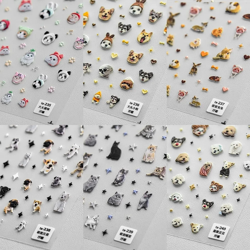 Autocollants pour ongles de haute qualité, divers animaux, chat, chien, lapin, over, or, argent, nail art, décalcomanie, outil de manucure, TA-235