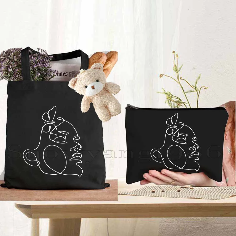

3pcs Abstract One Line Art Poster Floral Woman Face With Rose Head Drawings One Line Couple Minimalis Canvas Tote Bag Handbag