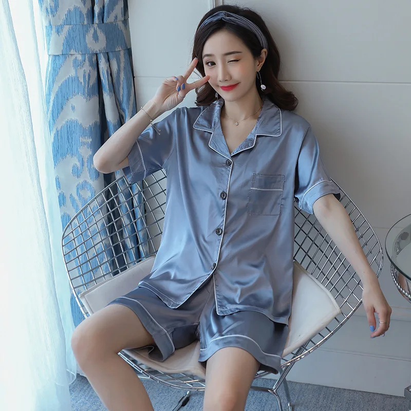 2PCS/Set Plus Size Women Pajamas Simple Solid Buttons Cardigan Short-Sleeved Shorts Homewear Thin Section Ladies Fashion Outside