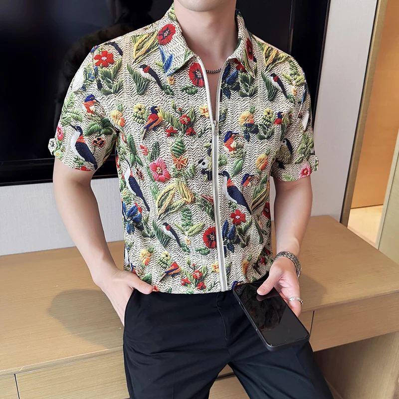 

Men's Slim-Fit Zip-Front Short Sleeve Shirt Chinese Phoenix & Bird Jacquard Breathable Silk-Like Fabric M-4XL