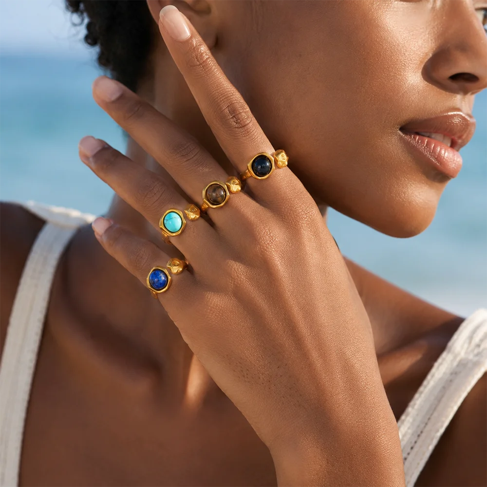 Natürlicher Stein Offener Ring für Frauen 18K Vergoldeter Edelstahl Metallschmuck Exquisites Modeaccessoire – Detail 5