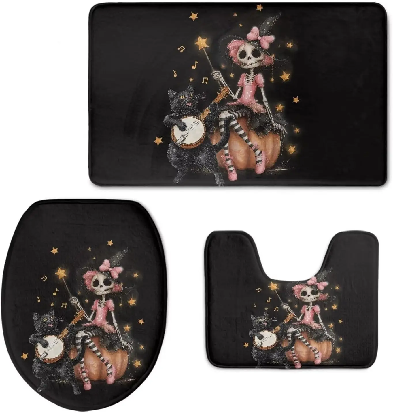 

3 шт., туалетный набор со скелетом ведьмы на Хэллоуин, черный готический принт черепа, нескользящий впитывающий мягкий моющийся жуткий декор для ванной комнаты