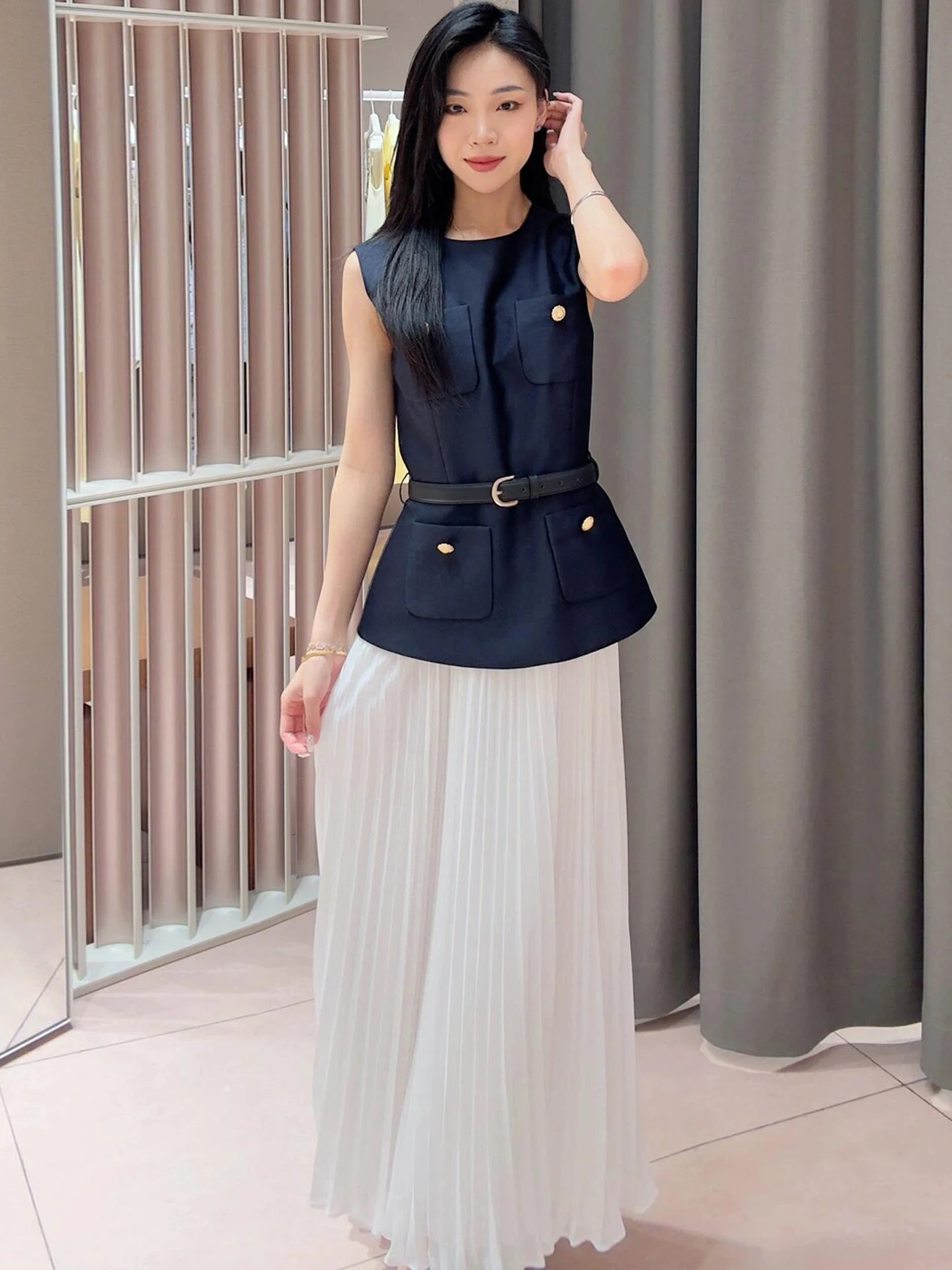 

SP Home South Oil High End Women's Summer Small Fragrance Style Long Vest Dress High Waist A-Line Silhouette Sleeveless