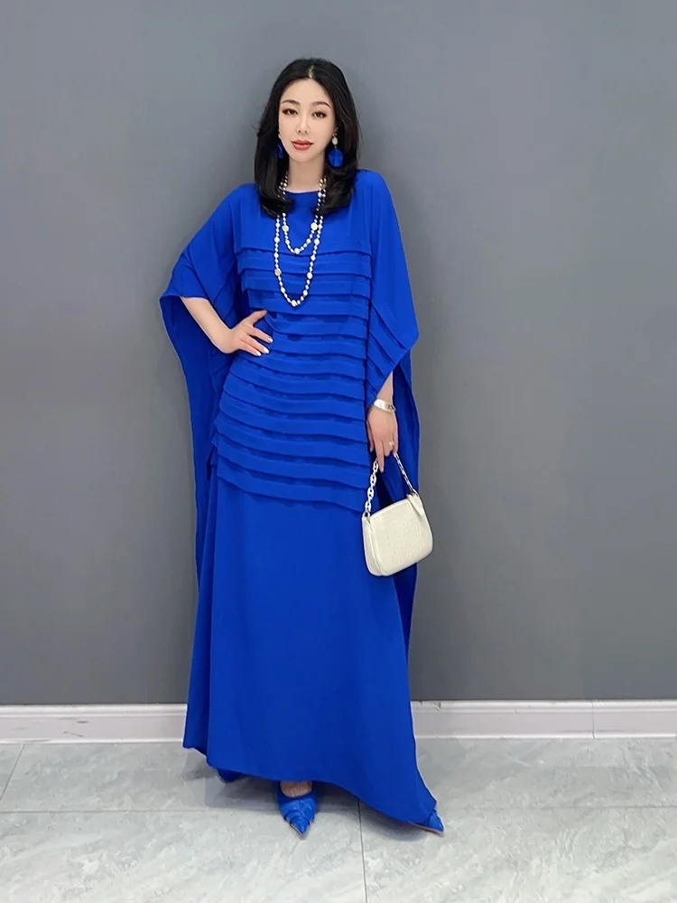 Vefadisa2024 Summer New Fashion Bat Sleeves Dress Personalized Pleated Tassel Rose Red And Blue Women Elegant Trendy Dress ZY682