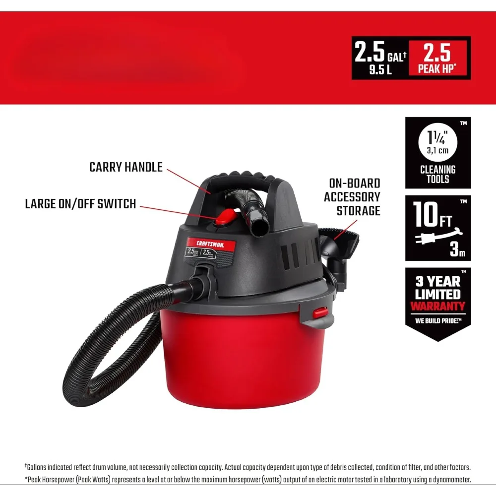 2.5 Gallon 2.5 Peak HP Wet/Dry Shop Vac, Portable Shop Vacuum Wet and Dry with Filter Bag, Hose and Attachments for Cleaning