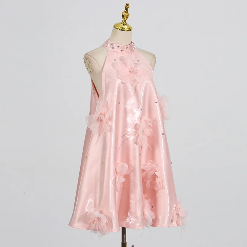 Elegant Pink 3D Floral Prom Evening Dress Luxury Backless Halter Short Dress Round Neck Loose Party Off Shoulder Party Dress