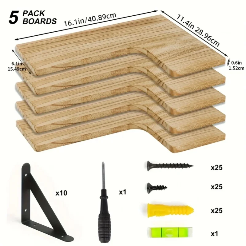 5-teiliges Eckregal, Wandregal mit Holzmaserung, Landhausstil, Wandregal aus Holz, Regal für Badezimmer & Heimdekoration