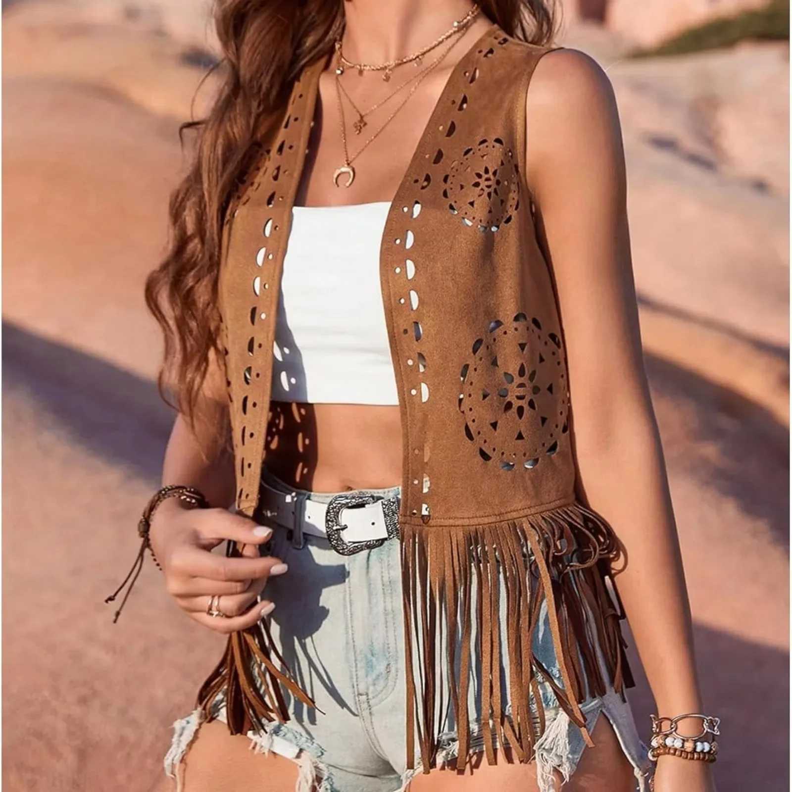 Women's Vintage Tassel Jacket Vest Fashion Fringe Faux Suede Waistcoat Western Cowboy Casual Open Front Sleeveless Tassel