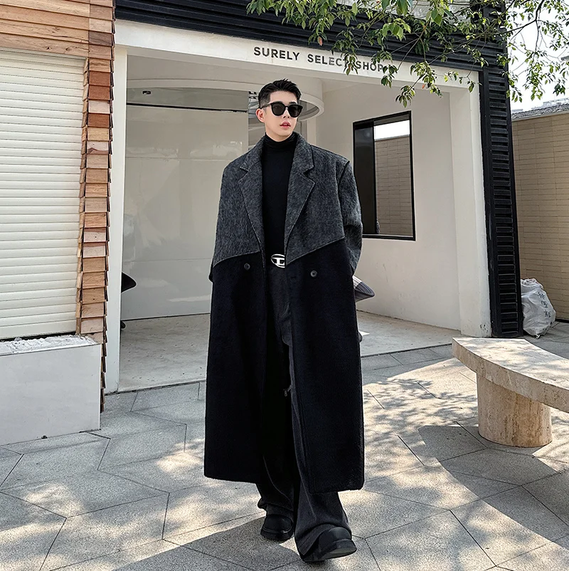 

Winter Faion Korean Sle Woolen Coat Men's Long Length Loose Fit Youthful Trendy Bla ey Splicing Asymmetrical