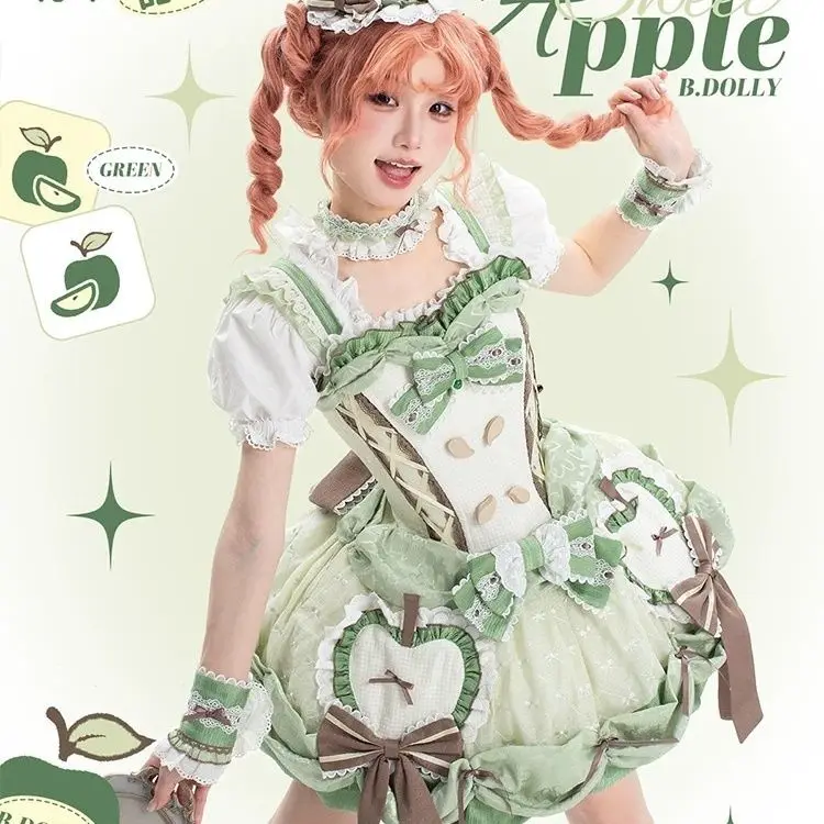 SOIOMES Manzana Verde Dulce Lolita Mariposa JSK Lindo Perro Adelgazante Vestido Corto De Hada De Brotes De Flor