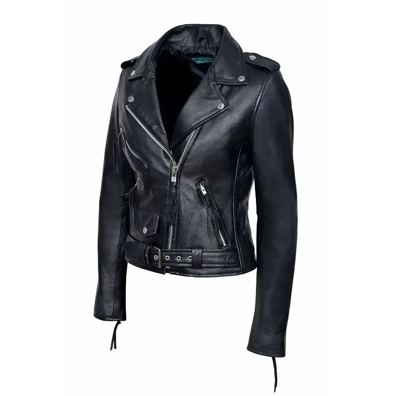 

New Women's Lambskin Leather Jacket Motorcycle Biker Black Designer Coat Belted