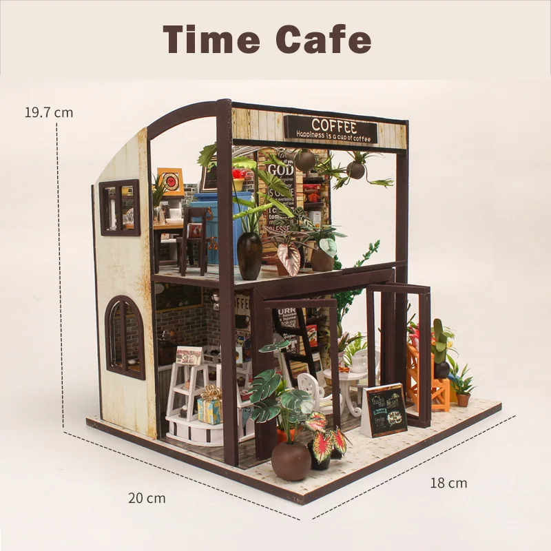 Kreative 3D Coffee Shop zusammengebaute Bausätze Modell mit Lichtern Holzpuzzles Desktop-Dekoration Spielzeug Geschenk für Kinder
