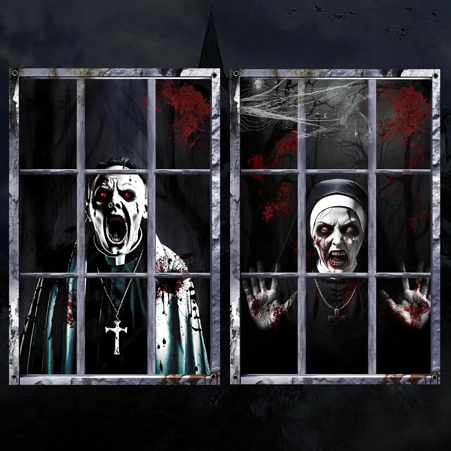 2 Pack Halloween Ghost Curtain Decorations - Scary Male Female Blood Ghost Window Cover for Indoor Outdoor Party Decor