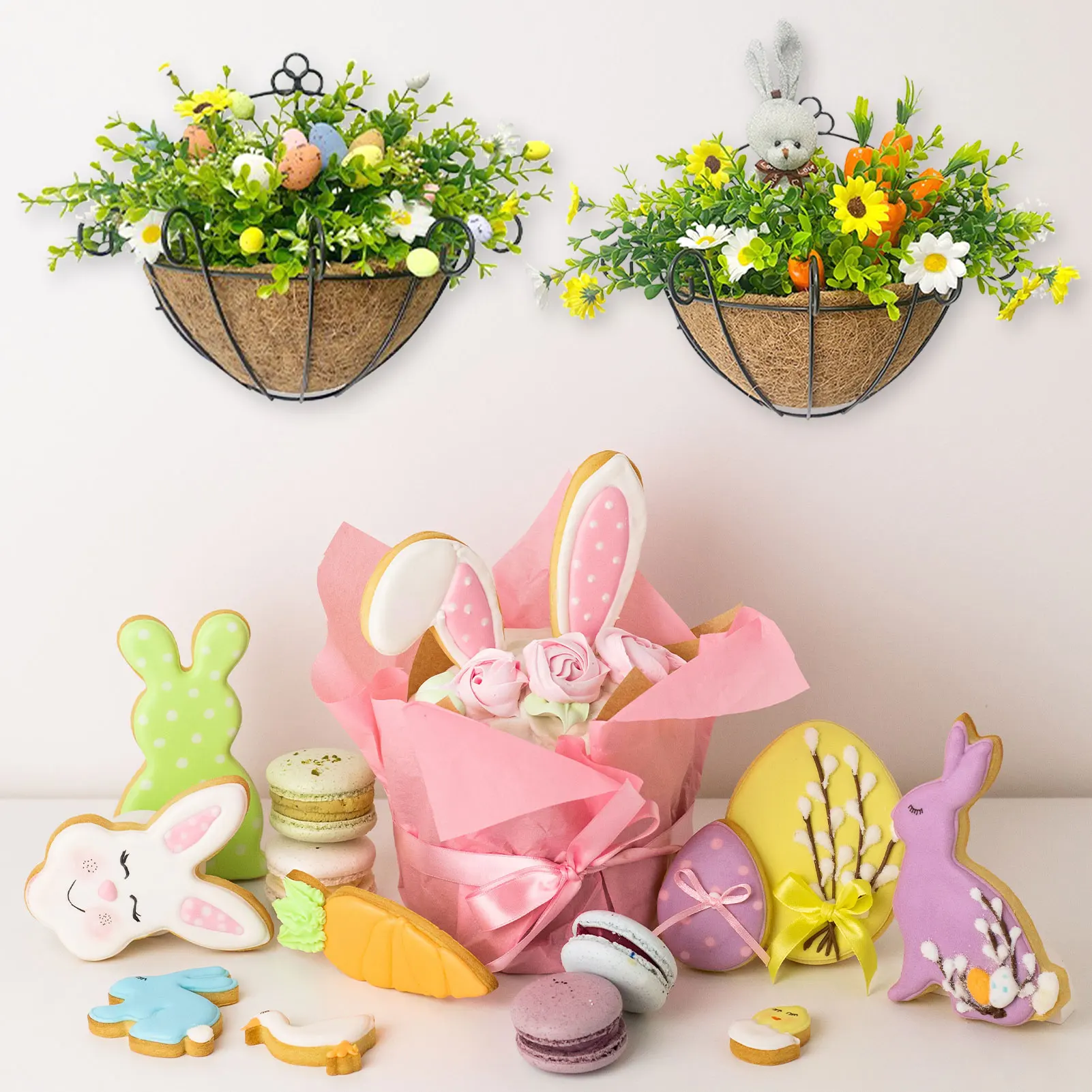 New 2024 Easter Artificial Eucalyptus Grass Fake Flower Easter Egg Bunny Carrot  Wall Hanging Easter Decorations for Home Room