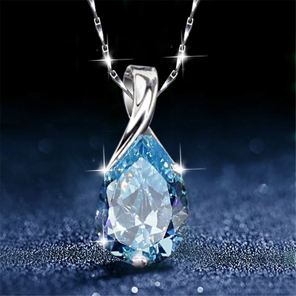 

S925 Sterling Silver Necklace Angel Tears Crystal Blue Topaz Pendant Necklace for Woman Charm Jewelry Gift choker bijoux