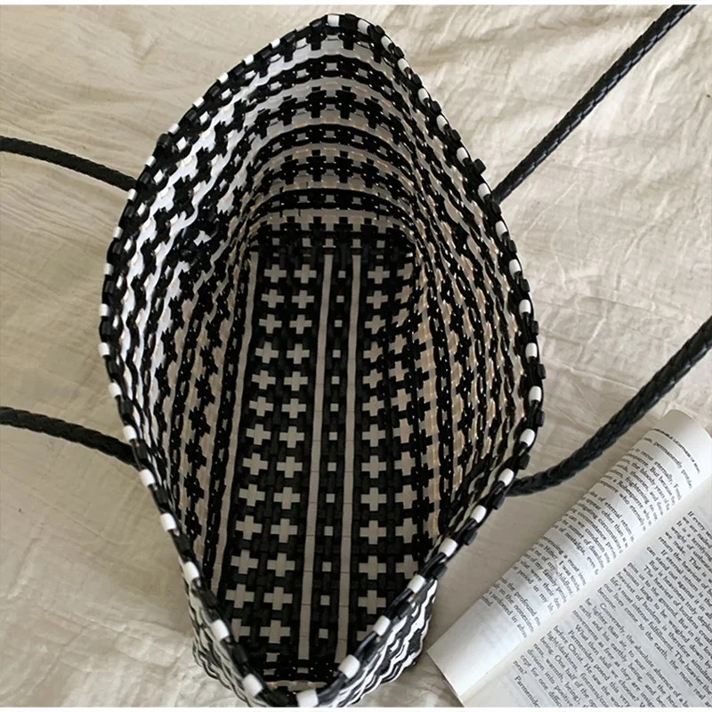 Handgefertigte Colorblock-Webtasche, Damen-Sommer-Tragetasche, Sommer-Einkaufstasche für Strandurlaub, Picknick, Haustiertransport – Detail 22