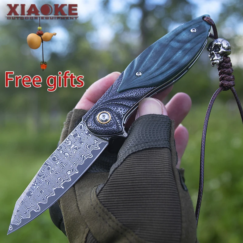 

Premium Damascus Steel Folding Knife - Hand Forged Blade, 440C Engraved Steel Bolster & Imported Stabilized Wood Handle - Huntin