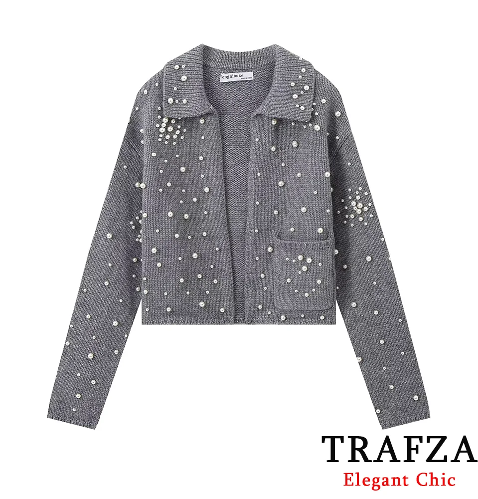 TRAFZA-Women Pearl Knit Warm Coat Flip Lapel Pocket Casual Elegant Coat New 2024 Autumn and Winter Charming Commuter Coat