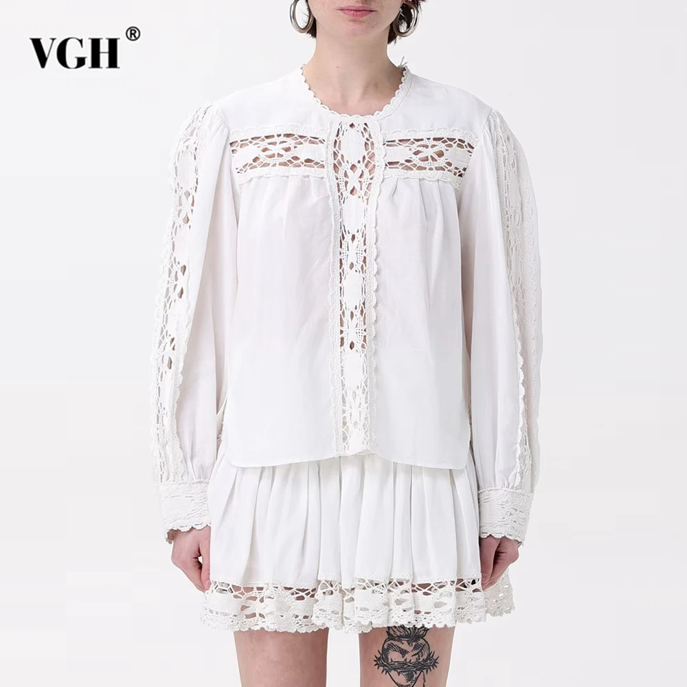 

VGH Solid Loose Hollow Out Lace Skirts Sets For Women Round Neck Long Sleeve Top High Waist Mini Skirt Spring Casual Set Female