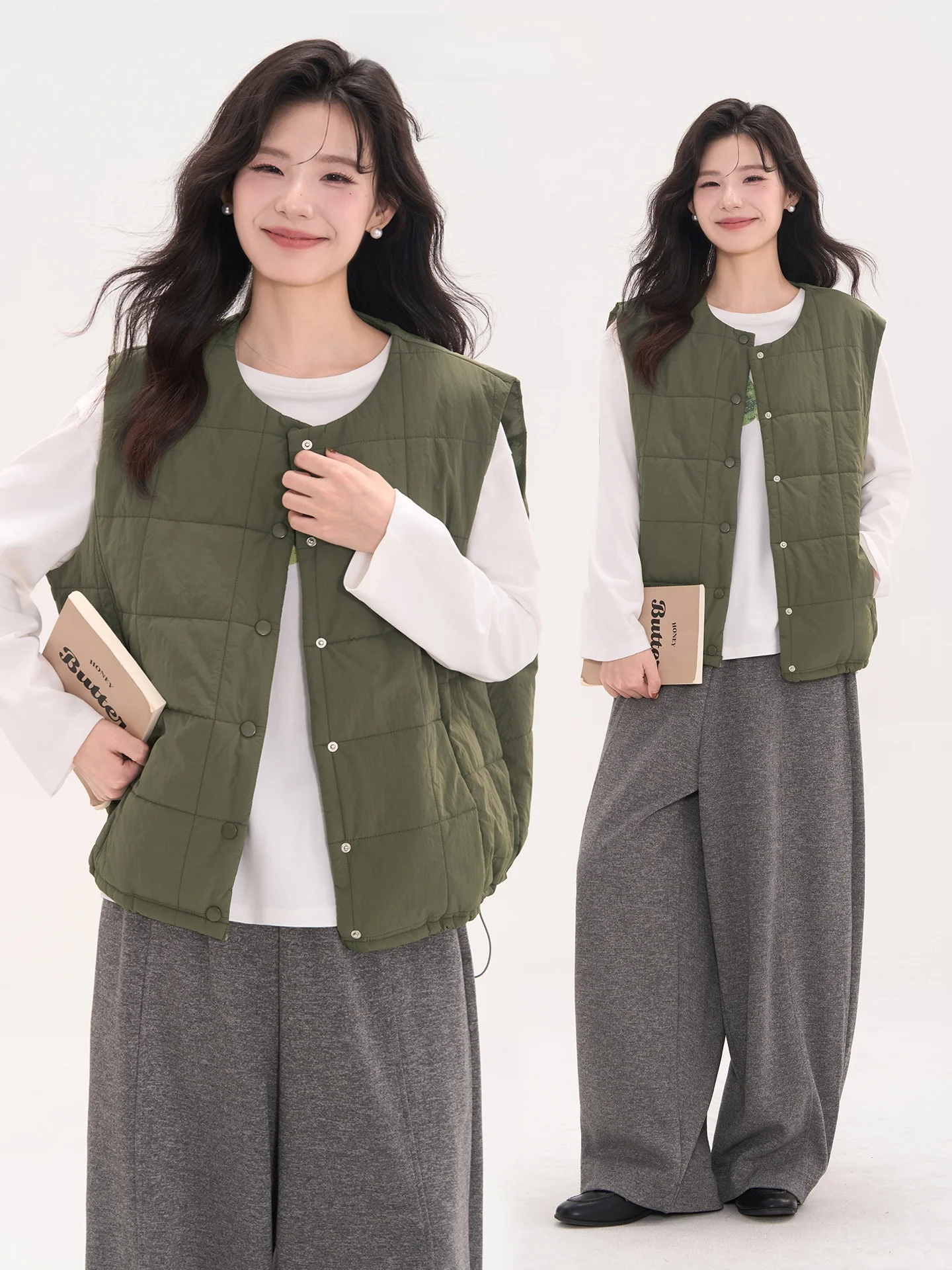 

Heme Floral Field Window Thousand Layer Roll Cake Versatile Quilted Cotton Vest Women's Autumn Outerwear round Ne Single Bu...