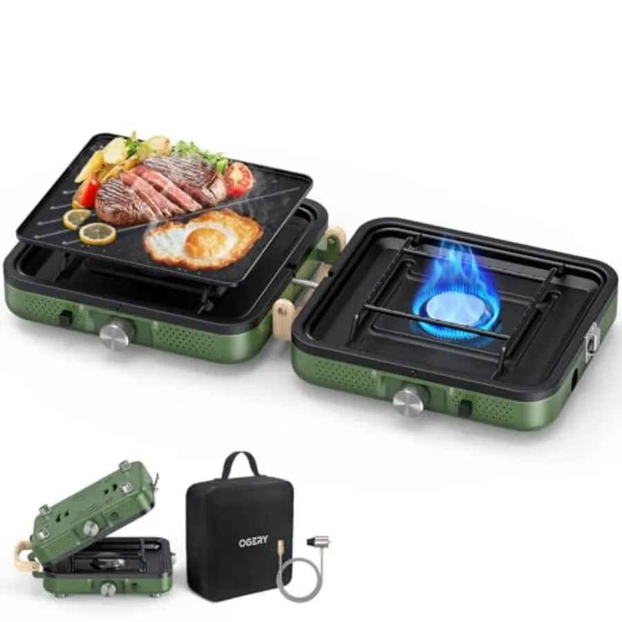 

2-Burner Foldable Camping Stove with Griddle Textured and Smooth and Carrying Bag Portable Propane Camp Stove with 2 Adjustable