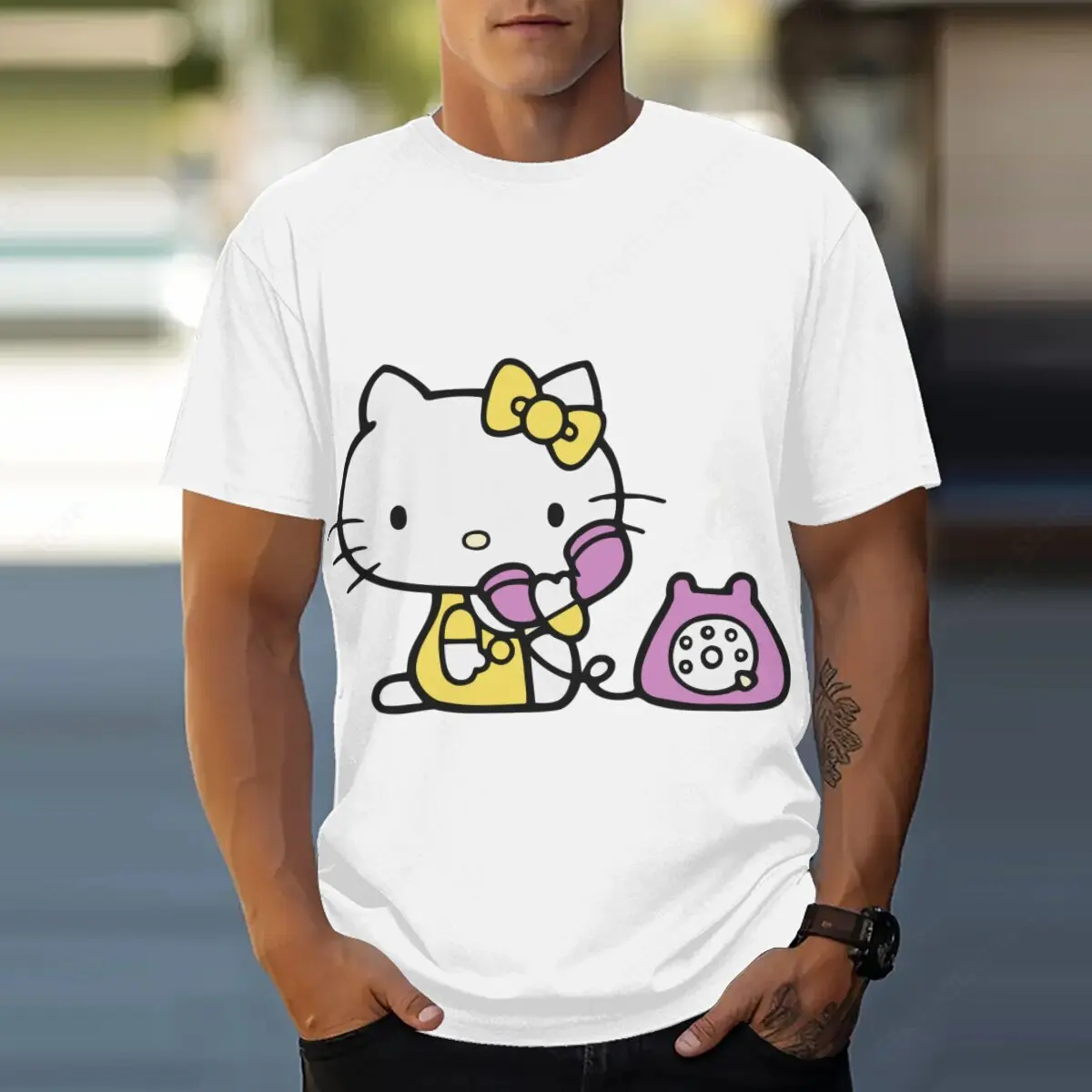 Hello Kitty Calling on The Phone  Transparent T-shirts men women casual t-shirts unisex streetwear