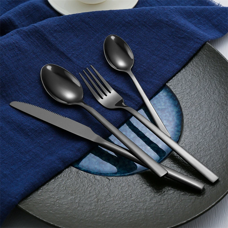 Western Tableware Set Stainless Steel Black Dinnerware Knife Fork Silverware Teaspoon Flatware Kitchen Accessories Cutlery Sets