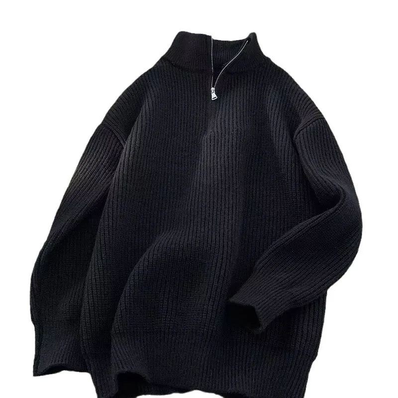 Oversized Solid Knitted Sweater Women Man Spring Autumn Stand Collar Half Zipper Pullovers Fashion Trend All-matched Knitwear