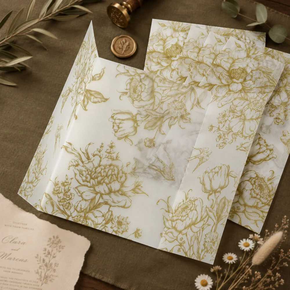 20/50pcs Vellum Wrap with Monochrome Flowers, Vintage Floral Vellum Jacket, DIY Vellum Fold Envelope,for Wedding Invitations