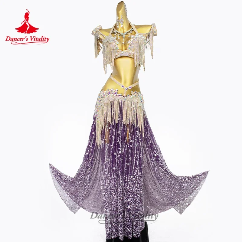 

Belly Dance Costume Suit Women High End Customized Luxury AB Stones Bra+Sequin Tassel Long Skirt Set Dancer Competition Outfit