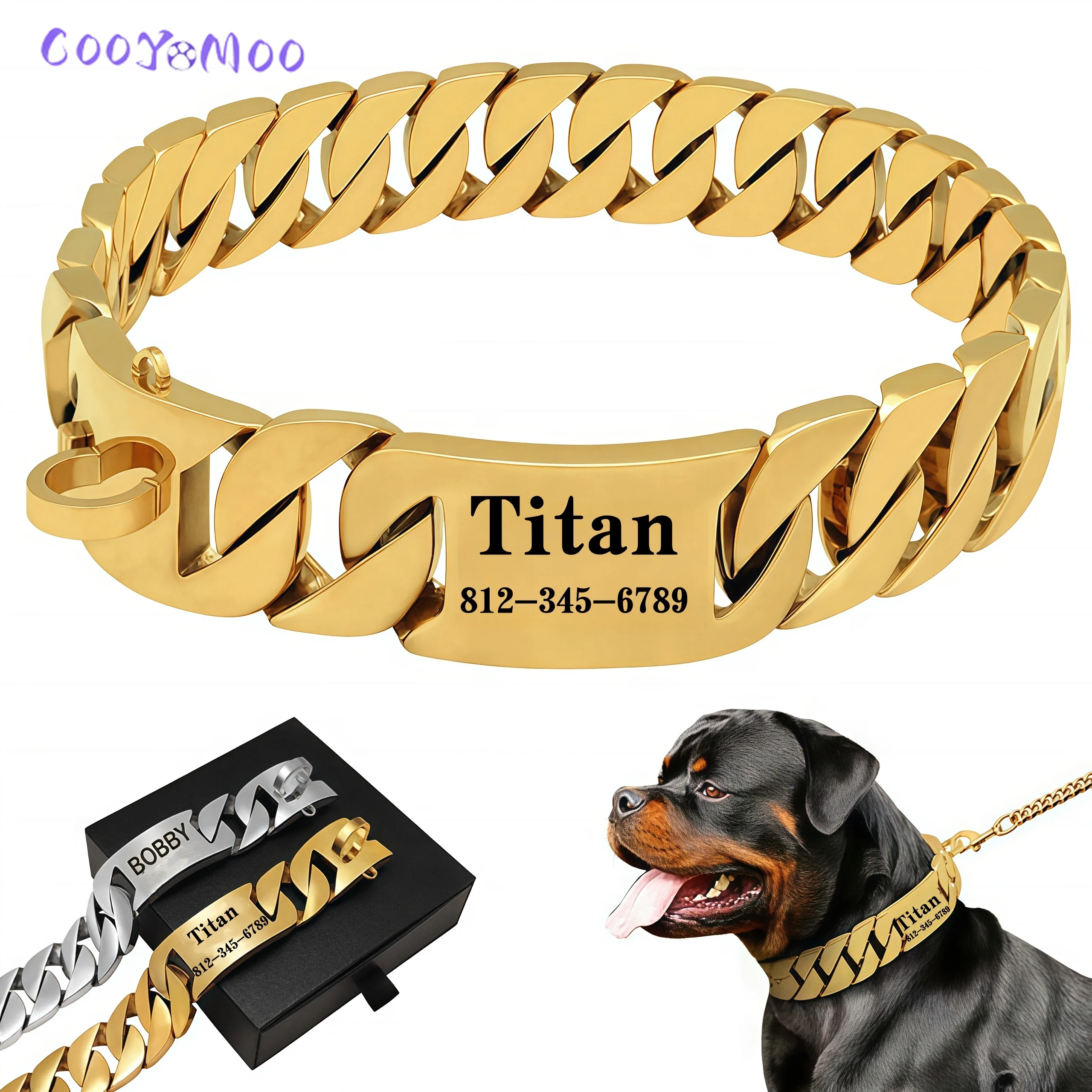 

Strong Metal Titanium Solid Steel Collar 32mmStainless Steel Gold Dog Collar Lettering Custom Chain Bully French Fight Large Dog