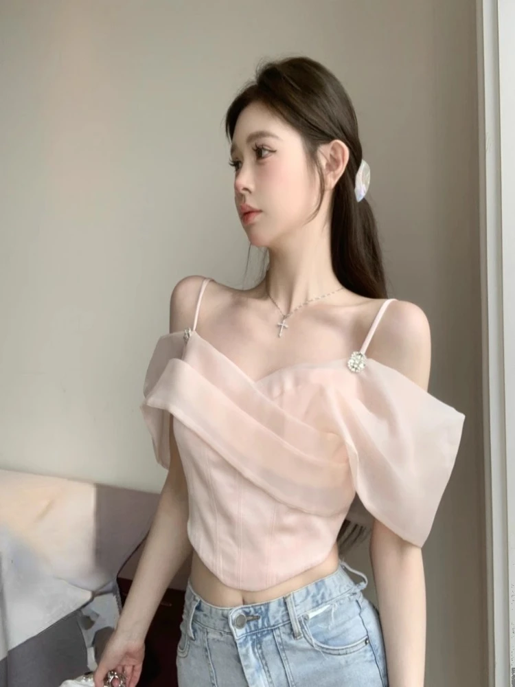 Ezgaga Blousewomen Sweet Sexy Ruffles Slash Neck Slim Backless Off Shoulder Crop Tops Mesh Summer Casual Female Shirts