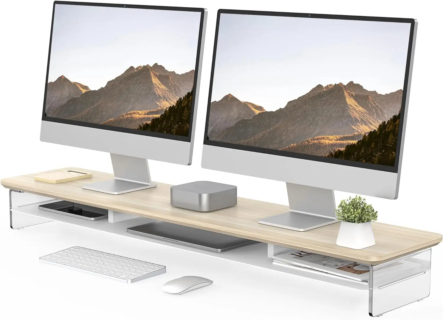 Acrylic Monitor Stand Riser, 42.5 Inches Dual Monitor Stand with Metal Storage, 2 Tier Clear Computer Riser for Desk, Laptop