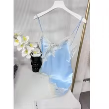 Cami Tops Black Lace V Neck Patchwork Sleeveless Y2K Style for Women - Blue