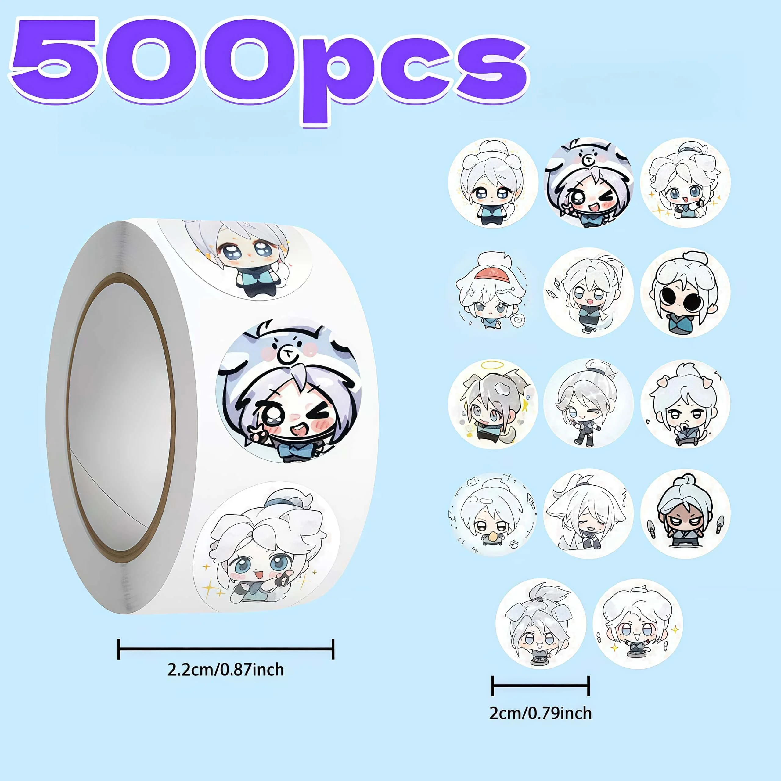 500Pcs Valorant Jett Round Sticker Roll, Cute Chibi Multi-expression Jett Labels for Packaging Journal Game Fan DIY Decor