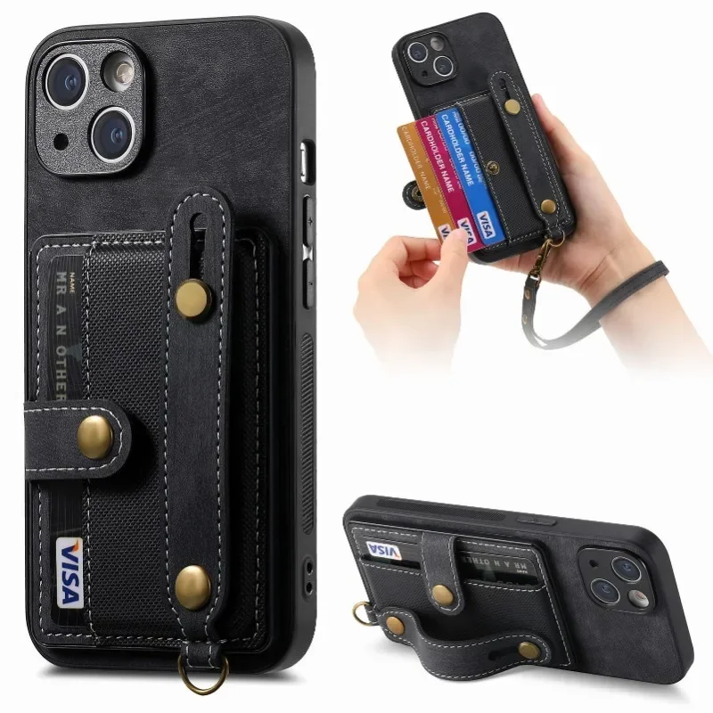 Wrist Strap PU Leather Stand Phone Case for IPhone 13 12 Mini 16 15 14 11 Pro Max XS X XR 8 7 Plus Wallet with Card Holder Cover