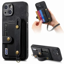 Wrist Strap PU Leather Stand Phone Case for IPhone 13 12 Mini 16 15 14 11 Pro Max XS X XR 8 7 Plus Wallet with Card Holder Cover