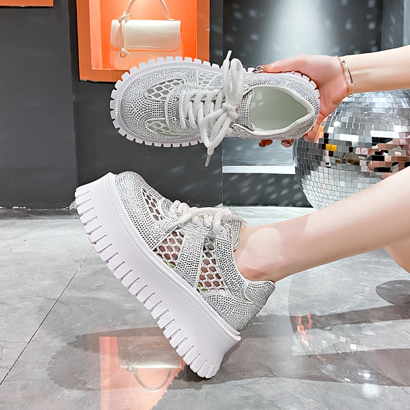 High Appearance Level Thick Bottom Lace-up Hollow Rhinestones Fashion All Comfortable Non-slip Breathable Women's Single Shoes