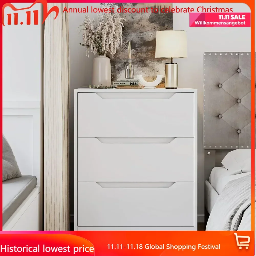 

Modern 3 Drawer Dresser, Wood Chest of Drawers with Storage,Tall Nightstand with Cut-Out Handles, Side End Table, Accent Storage