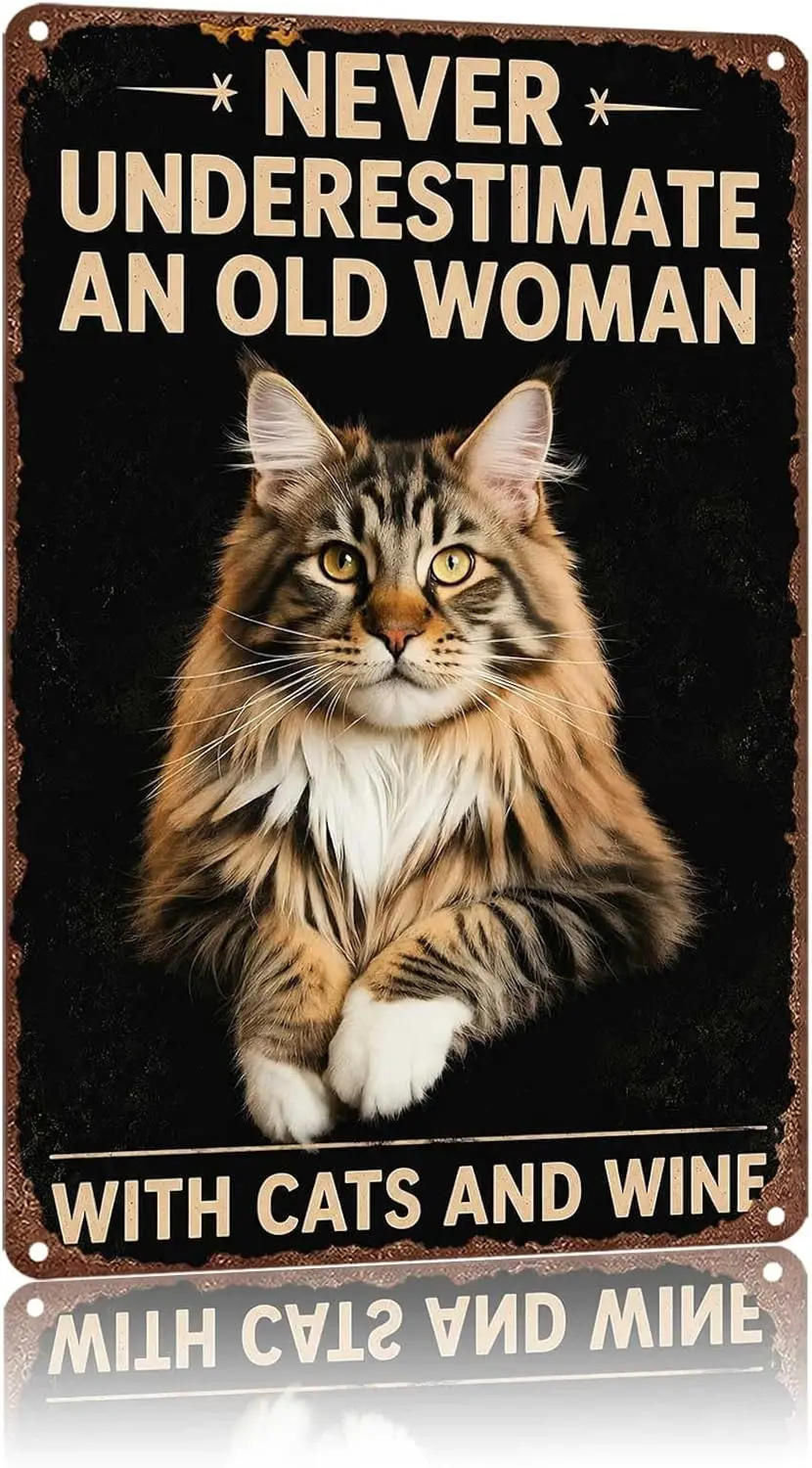 Metal Sign Never Underestimate An Old Woman With Cats And Wine Wall Decor | Classic  ,Retro,Waterproof Aluminum,Funny,UV-printin